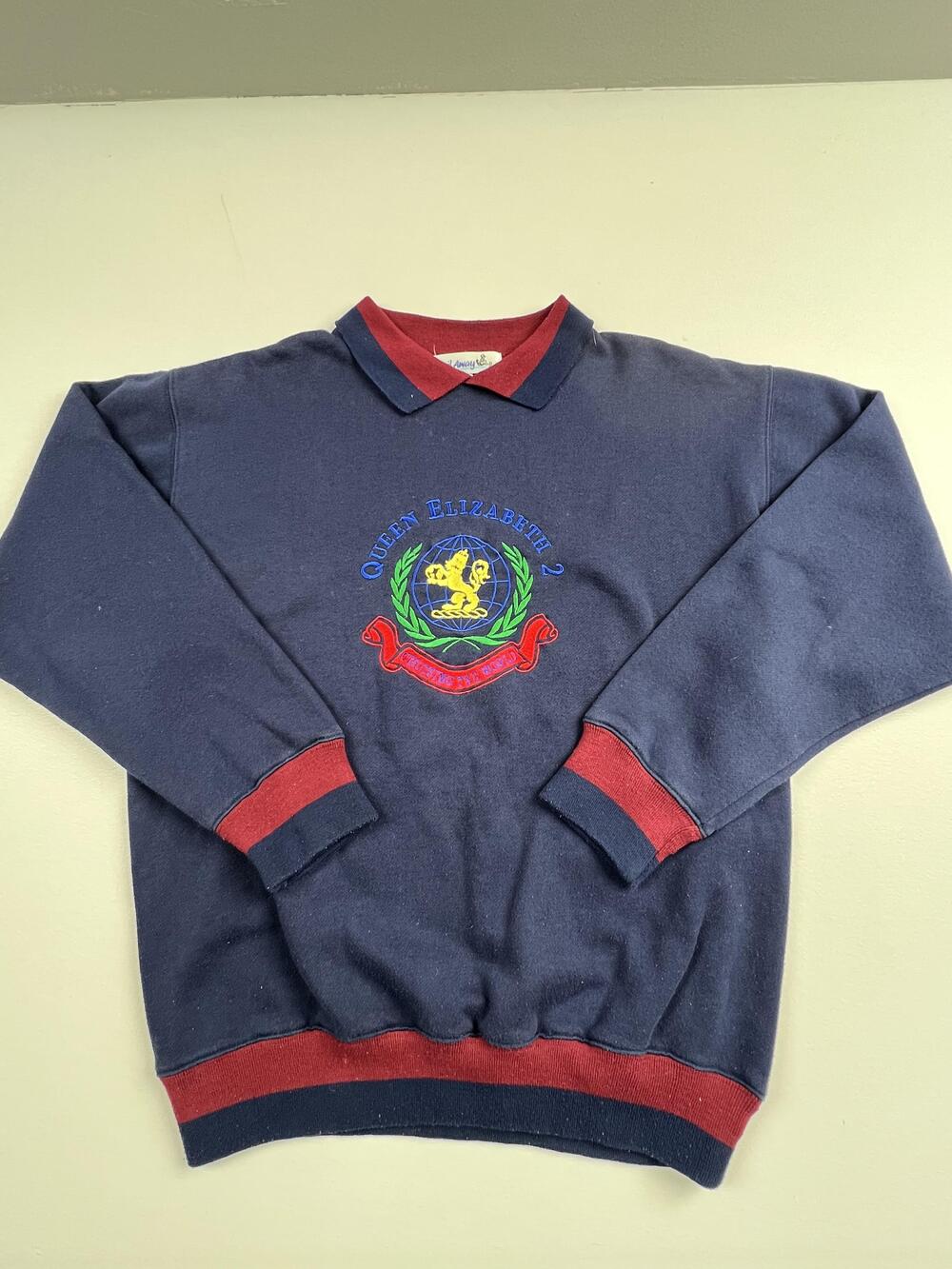 Vintage Sail Away Sweatshirt Mens Large Blue Fleece Queen Elizabeth 2 Cruise